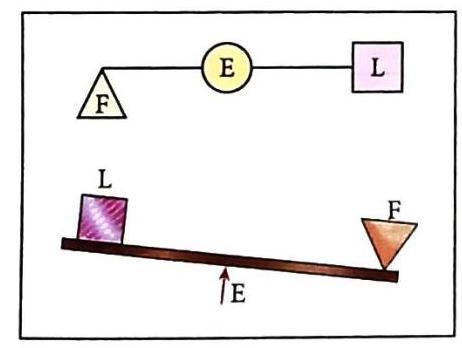 A schematic diagram shows a triangle labeled 'F', a circle labeled 'E', and a square labeled 'L' connected by lines. Below, a lever is shown resting on a pivot labeled 'E', with a square labeled 'L' on the left side and a triangle labeled 'F' on the right side. The lever is tilted, with the 'L' side lower than the 'F' side.