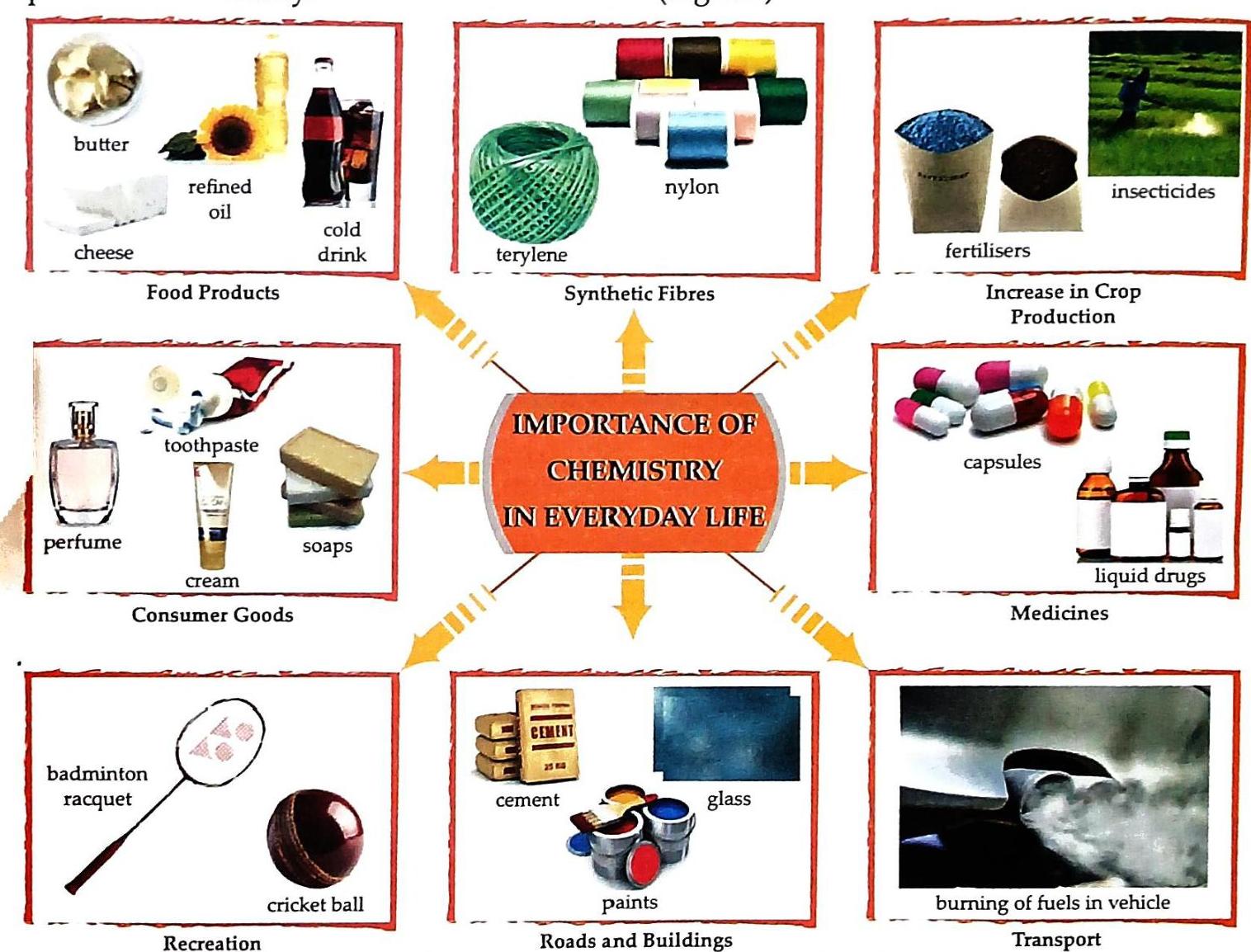 A diagram titled 'Importance of Chemistry in Everyday Life' features categories with examples: Food Products (butter, cheese, refined oil, cold drink), Synthetic Fibres (teryelene, nylon), Increase in Crop Production (fertilisers, insecticides), Medicines (capsules, liquid drugs), Consumer Goods (perfume, toothpaste, cream, soaps), Recreation (badminton racquet, cricket ball), Roads and Buildings (cement, paints, glass), and Transport (burning of fuels in vehicle).
