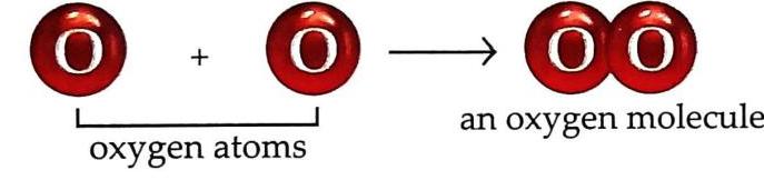 Two red spheres labeled 'O', identified as oxygen atoms, are shown combining with a plus sign and an arrow to form two bonded red spheres labeled 'O', representing an oxygen molecule.