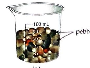 A beaker with a volume scale contains pebbles submerged in liquid. The liquid level is between the 60 mL and 100 mL marks.