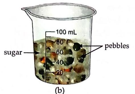 A beaker with volume markings up to 100 mL contains pebbles and a liquid labeled as sugar. The liquid level reaches between the 60 mL and 80 mL marks, closer to 80 mL.