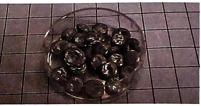 A glass bowl filled with dark, round berries rests on a grid-patterned surface.
