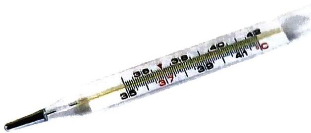 A glass thermometer displays a temperature reading between 37 and 38 degrees Celsius, with the column slightly above the 37 mark. The scale ranges from 35 to 42 degrees Celsius.