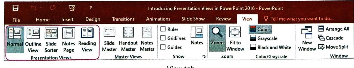 The image displays the 'View' tab of the PowerPoint 2016 ribbon interface. It highlights various command groups, including 'Presentation Views' (Normal, Outline View, Slide Sorter, Notes Page, Reading View), 'Show' (Ruler, Gridlines, Guides), 'Zoom' (Zoom, Fit to Window), 'Color/Grayscale' (Color, Grayscale, Black and White), and 'Window' (New Window, Arrange All, Cascade, Move Split). The title bar indicates the context as 'Introducing Presentation Views in PowerPoint 2016'.