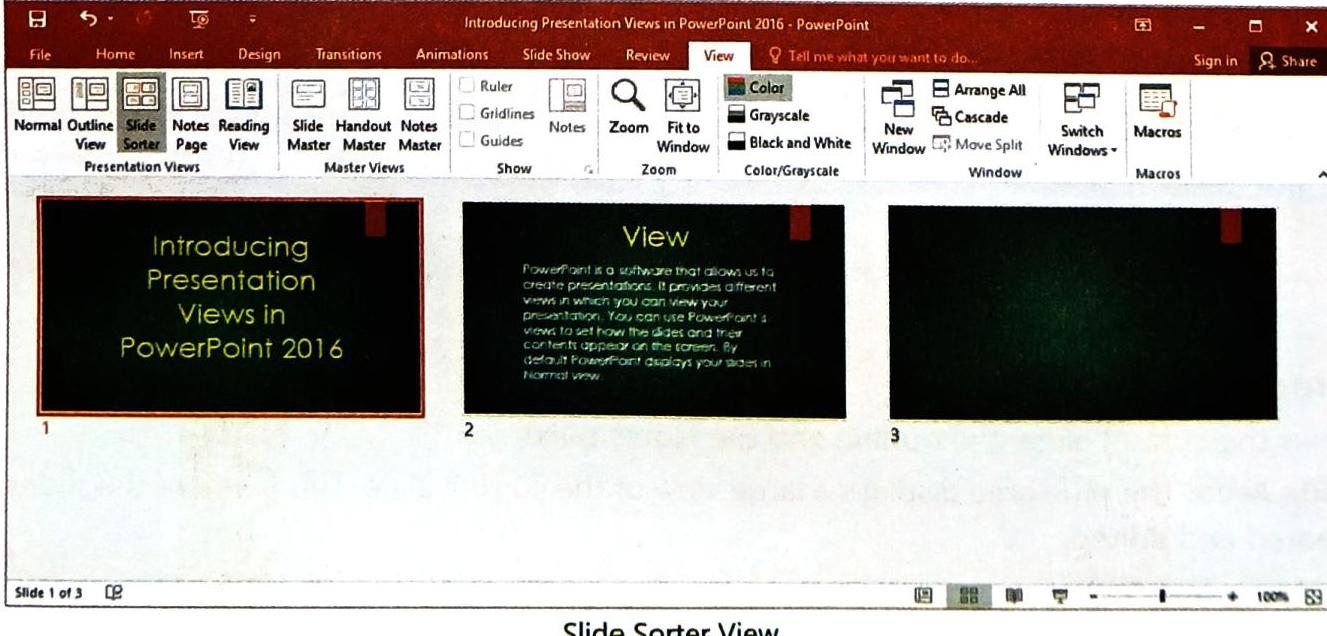 Microsoft PowerPoint 2016 interface with the 'View' tab active. The main content area displays the title slide 'Introducing Presentation Views in PowerPoint 2016' and the second slide titled 'View' with descriptive text. The ribbon shows options for presentation views, showing, zoom, color, and window management. Slide navigation indicates 'Slide 1 of 3'.