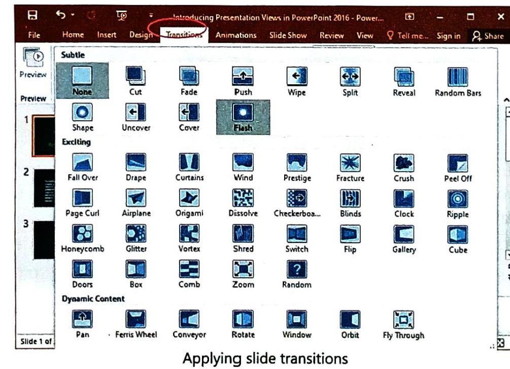 Microsoft PowerPoint 2016 interface with the 'Transitions' tab active, showcasing a grid of slide transition effects. A slide pane is visible on the left. The text 'Applying slide transitions' appears at the bottom.