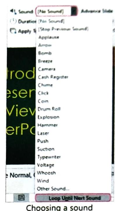 A sound selection menu within a software interface displays various effects like 'No Sound', 'Applause', and 'Whoosh'. The option 'Loop Until Next Sound' is highlighted. Interface elements 'Sound', 'Duration', and 'Apply' are visible, with partial presentation text on a dark background. The caption reads 'Choosing a sound'.
