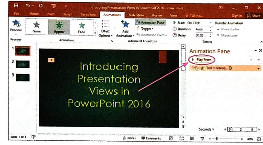 Microsoft PowerPoint 2016 shows the Animations tab with the Animation Pane open. An arrow points to the 'Play From' button within the pane, next to the animation for 'Title 1: Introduc...'. The slide displays the text 'Introducing Presentation Views in PowerPoint 2016'.