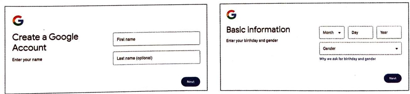 The image displays two stages of a Google account creation process. The left screen, 'Create a Google Account,' prompts for a first name and an optional last name. The right screen, 'Basic Information,' requests the user's birthday (month, day, year) and gender, accompanied by an explanation for collecting this data. Both screens have a 'Next' button.