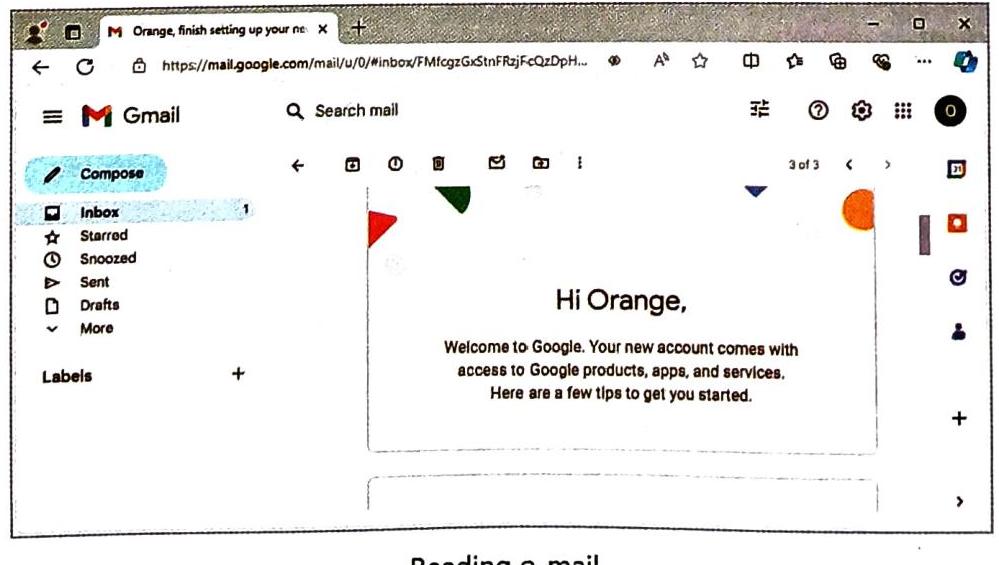 A screenshot of the Gmail web interface shows a welcome email addressed to 'Orange.' The left sidebar displays standard email folders like Inbox, Starred, Snoozed, Sent, and Drafts, along with a 'Compose' button. The main content area features the welcome message from Google, detailing new account features and tips. Browser tabs, navigation icons, and email viewing controls are visible at the top and side.