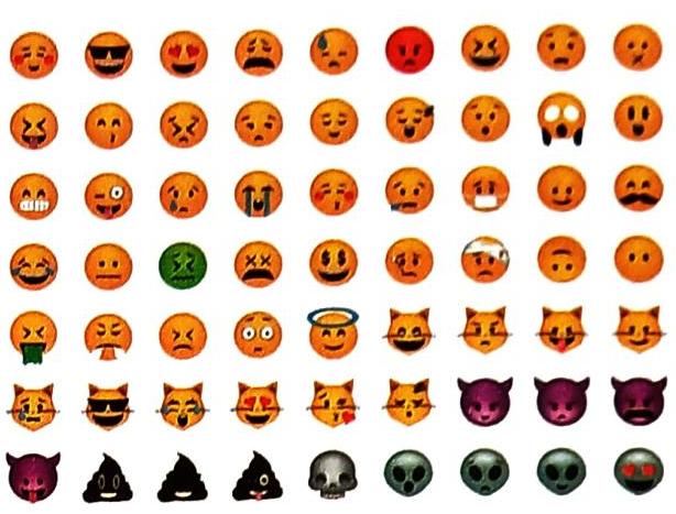 A grid displays a variety of emoji icons, including smiley faces with diverse expressions (happy, sad, crying, angry, shocked, sick), cat faces, devil faces, poop emojis, skull emojis, and alien heads.