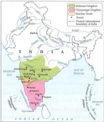 A historical map of India highlighting three regions: the Bahmani kingdom in green, the Vijayanagar kingdom in pink, and the Raichur Doab in orange.