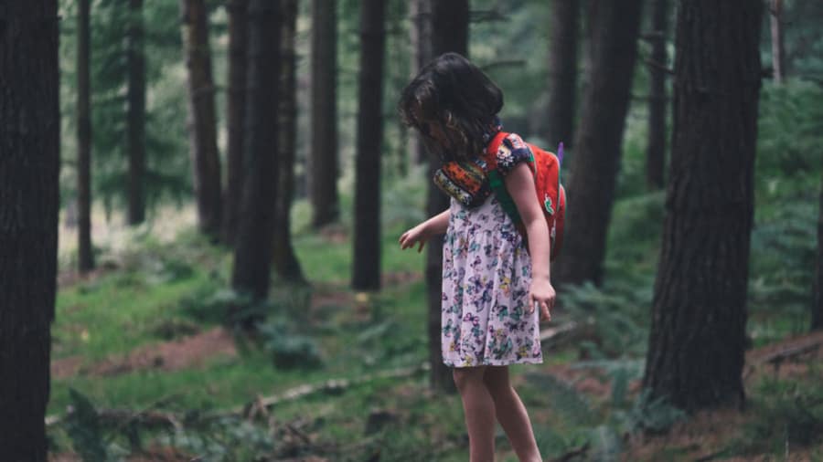 Little girl with short hair wearing a pink floral dress and red backpack exploring the woods and forest