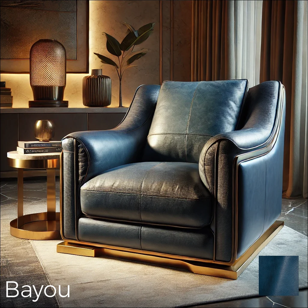 Luxurious armchair upholstered in deep blue Bayou leather, ideal for a high-end setting