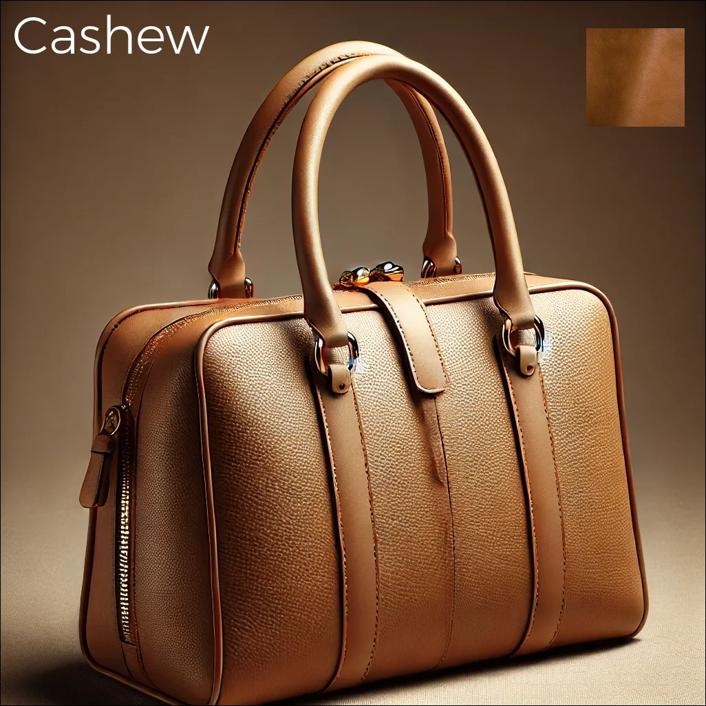 A luxury handbag crafted from soft, cashew-colored leather. The handbag has a sleek, minimalist design with smooth edges, subtle stitching, and high