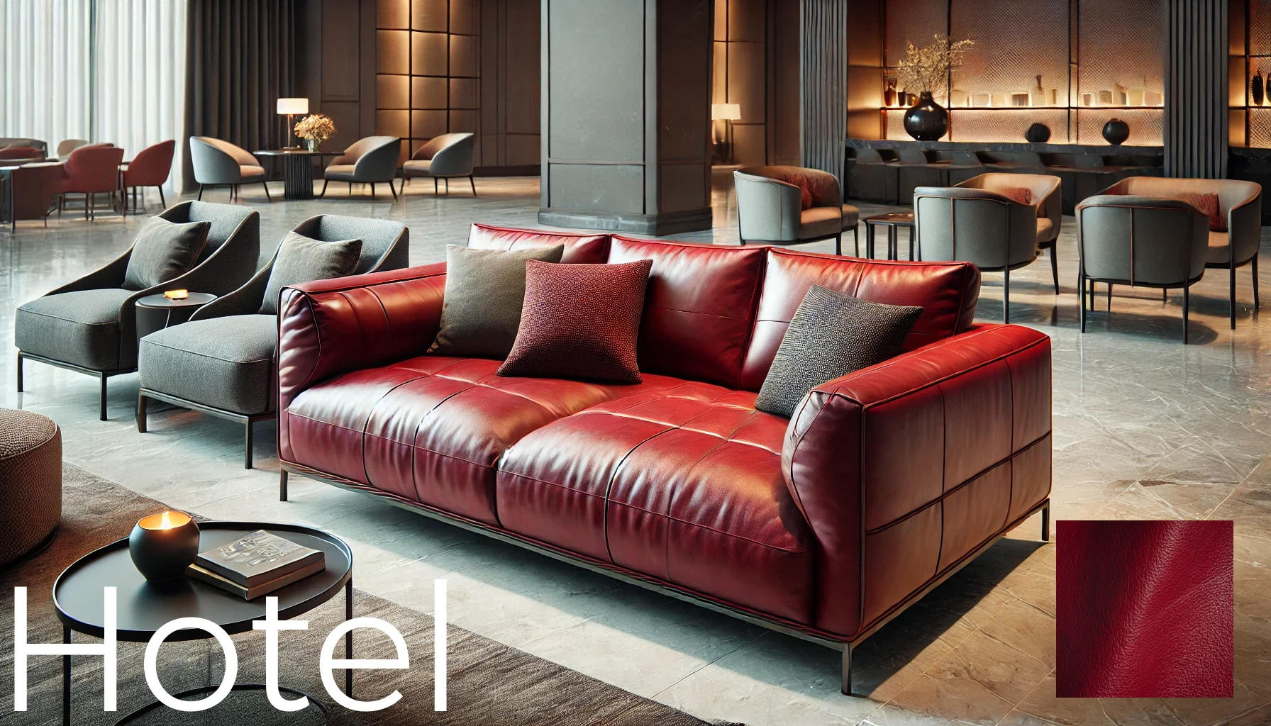 Here is the luxury modern hotel lobby lounge couch upholstered in pomegranate-colored leather. Let me know if you need any adjustments