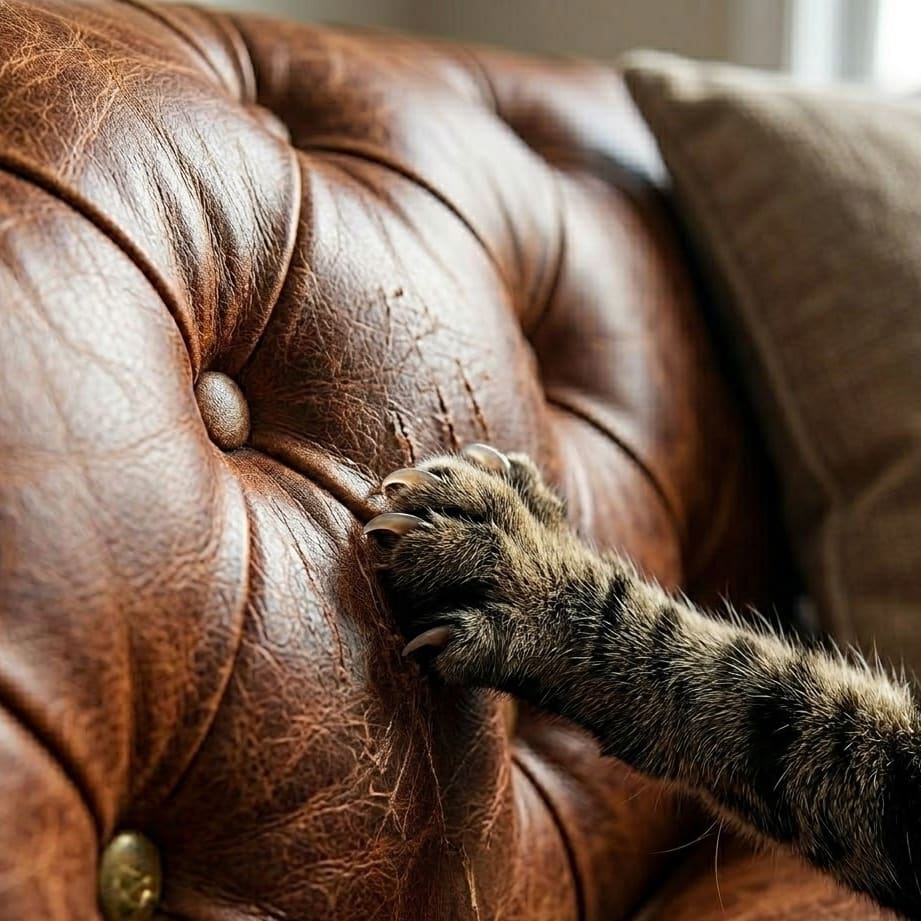Vintage leather pet scratch warning Vintage leather upholstery showing pet scratch damage — keep pets away from aniline pull-up finishes