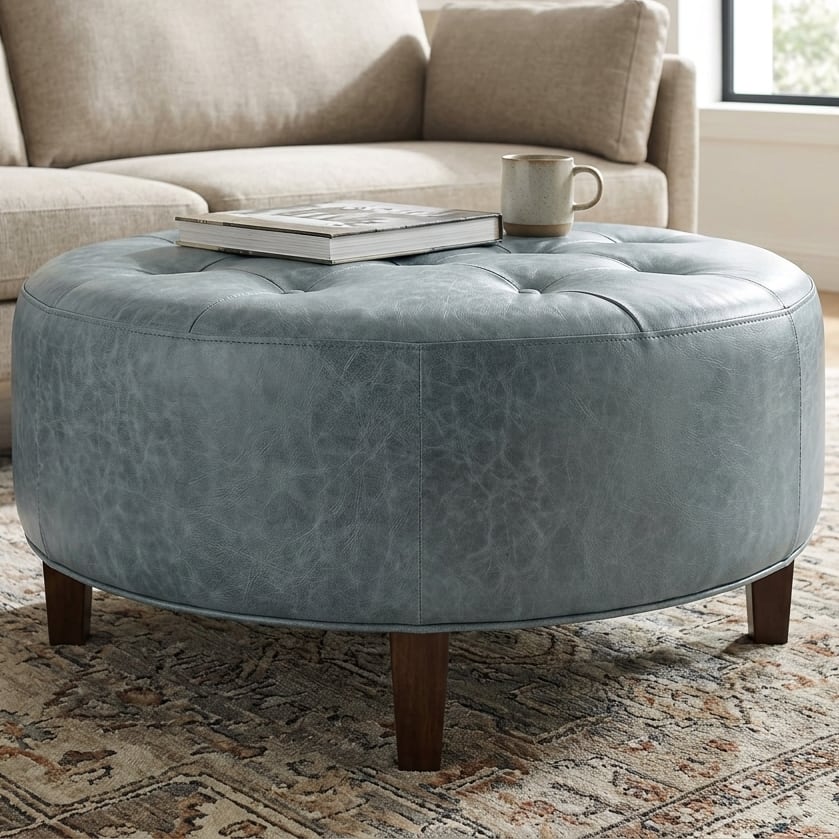 Round button-tufted ottoman in muted Baby Blue distressed leather in a bright living room