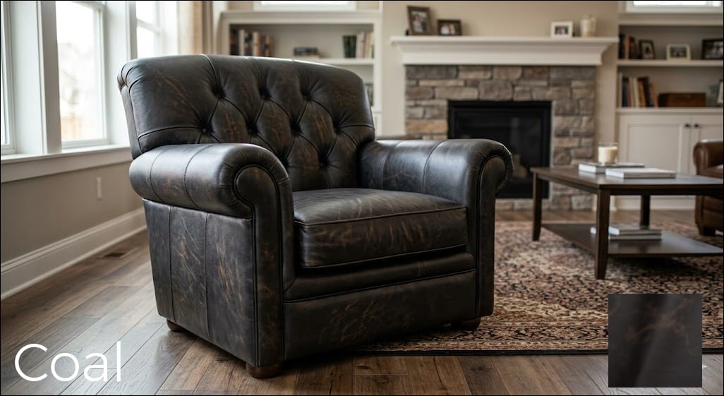 Club chair with tufted back and English arms upholstered in Coal vintage leather in a suburban home