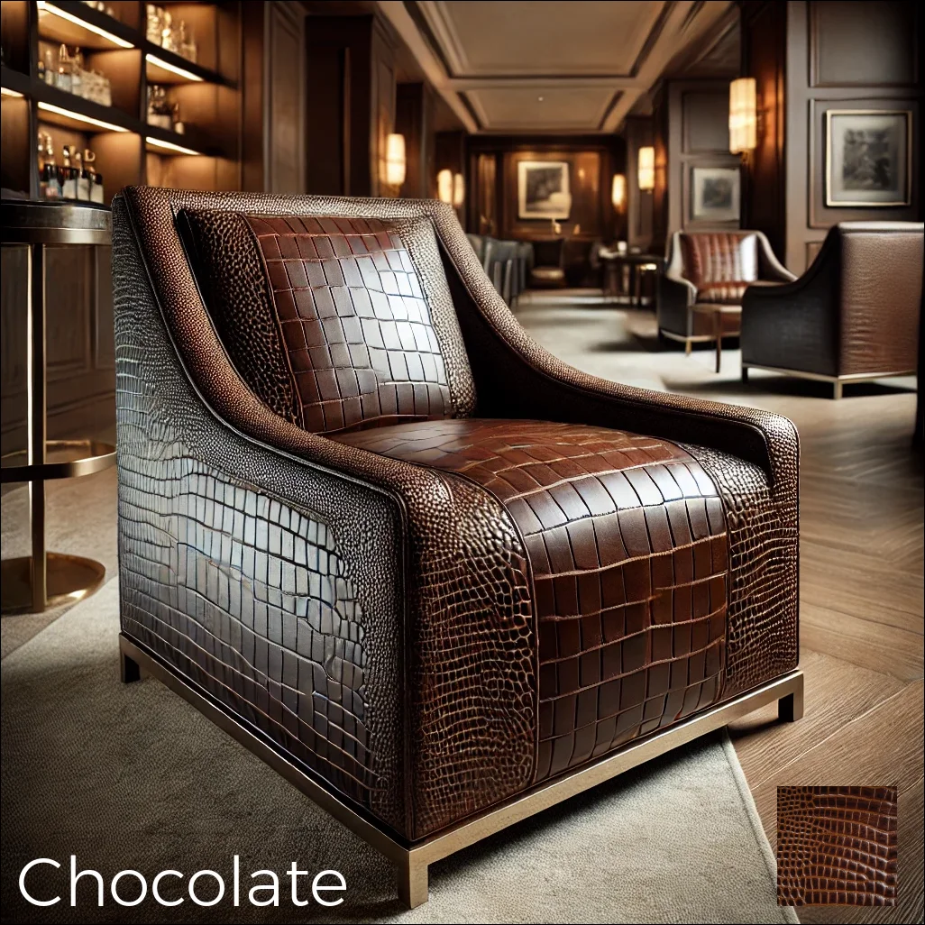 Luxurious lounge side chair design in a hospitality setting, featuring the chocolate-colored embossed alligator leather accent panels