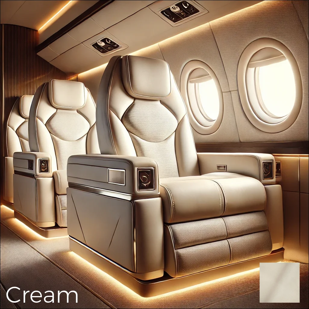  Luxurious private aircraft seating featuring cream-colored aviation leather