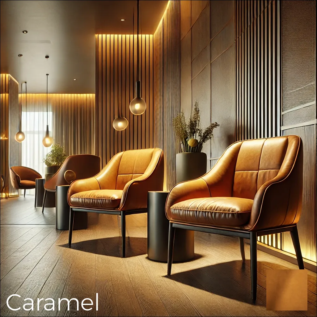Hotel Lounge Lobby Side Chairs Upholstered in Waxed Leather Collection Color Caramel