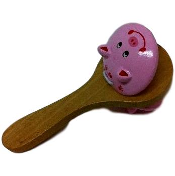 Castagnettes enfant, en bois, avec poignée, motif cochon