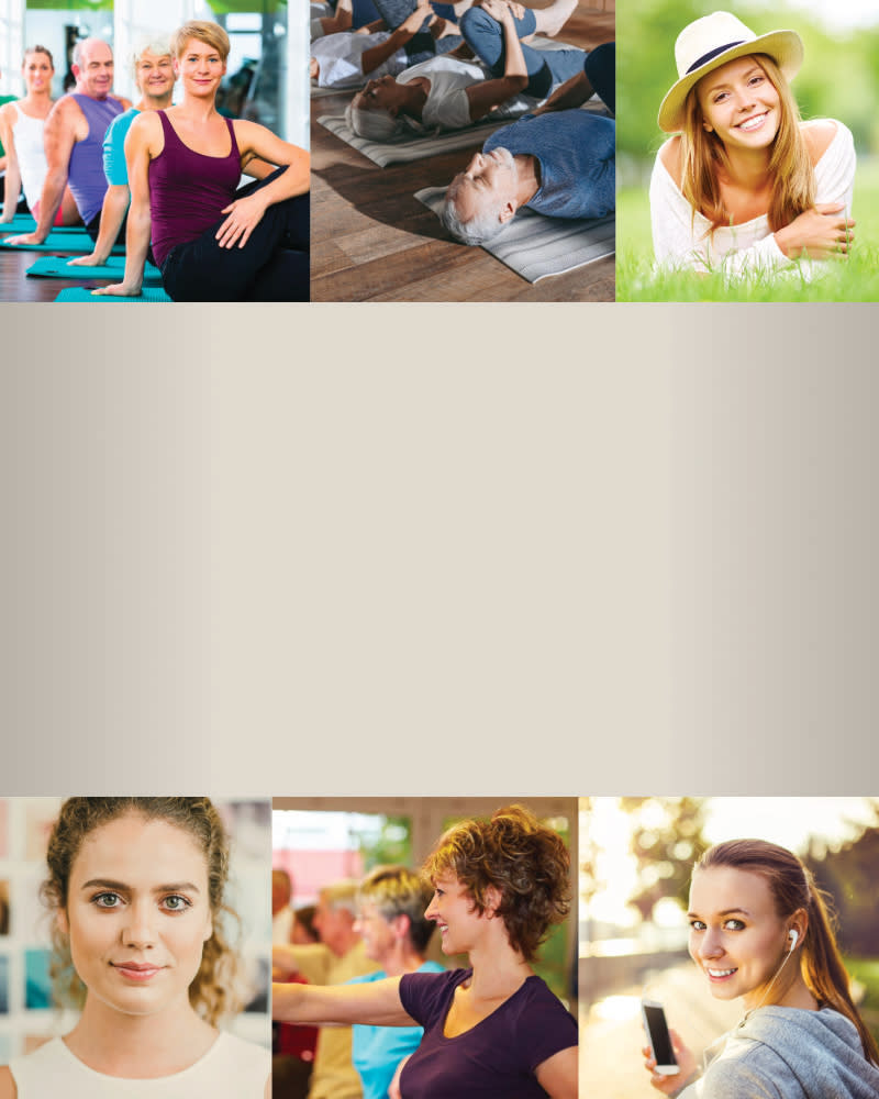 Eine breitgefächerte Collage, die verschiedene Menschen bei Faszientraining, Yoga und anderen Bewegungskursen zeigt, darunter Personen jeden Alters und Geschlechts in unterschiedlichen Übungspositionen im Innen- und Außenbereich.