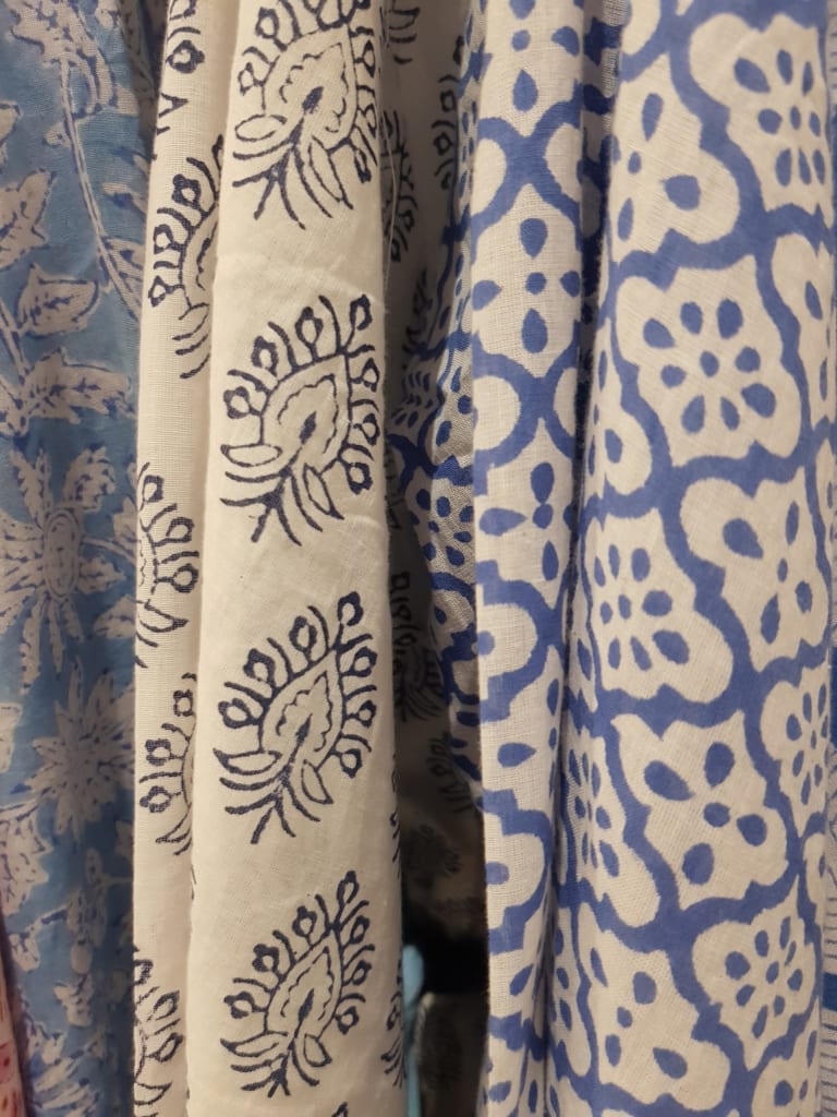 blue block printed fabric in India