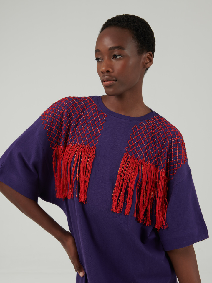 Fringe Embellished Shoulder Kaftan | leem