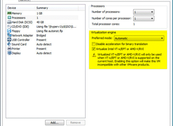 vmware workstation number of cores per processor