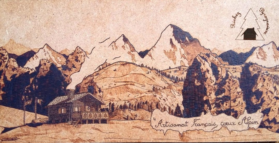 tableau pyrogravure Montagne  Pyrogravure, Gravure sur bois, Tableau en  bois