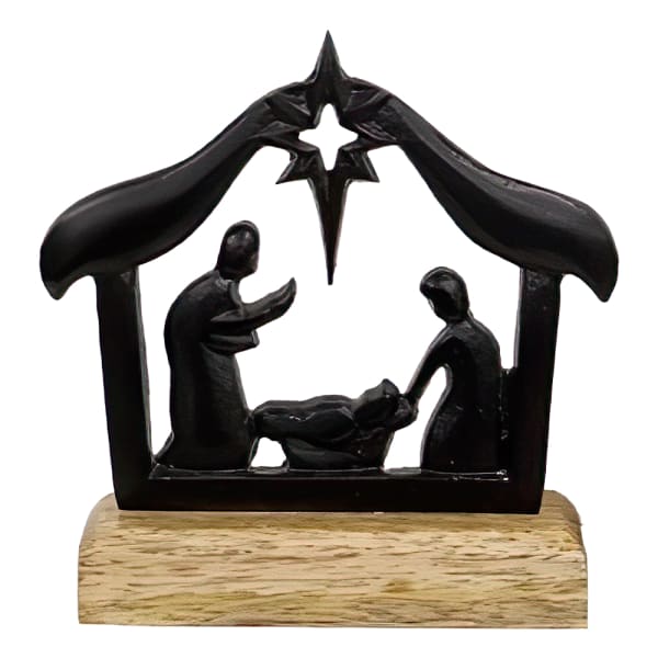 Cast Iron Nativity on Wooden Base - 6"