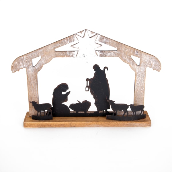 Wooden Nativity Scene with Metal Silhouettes - 11.75"