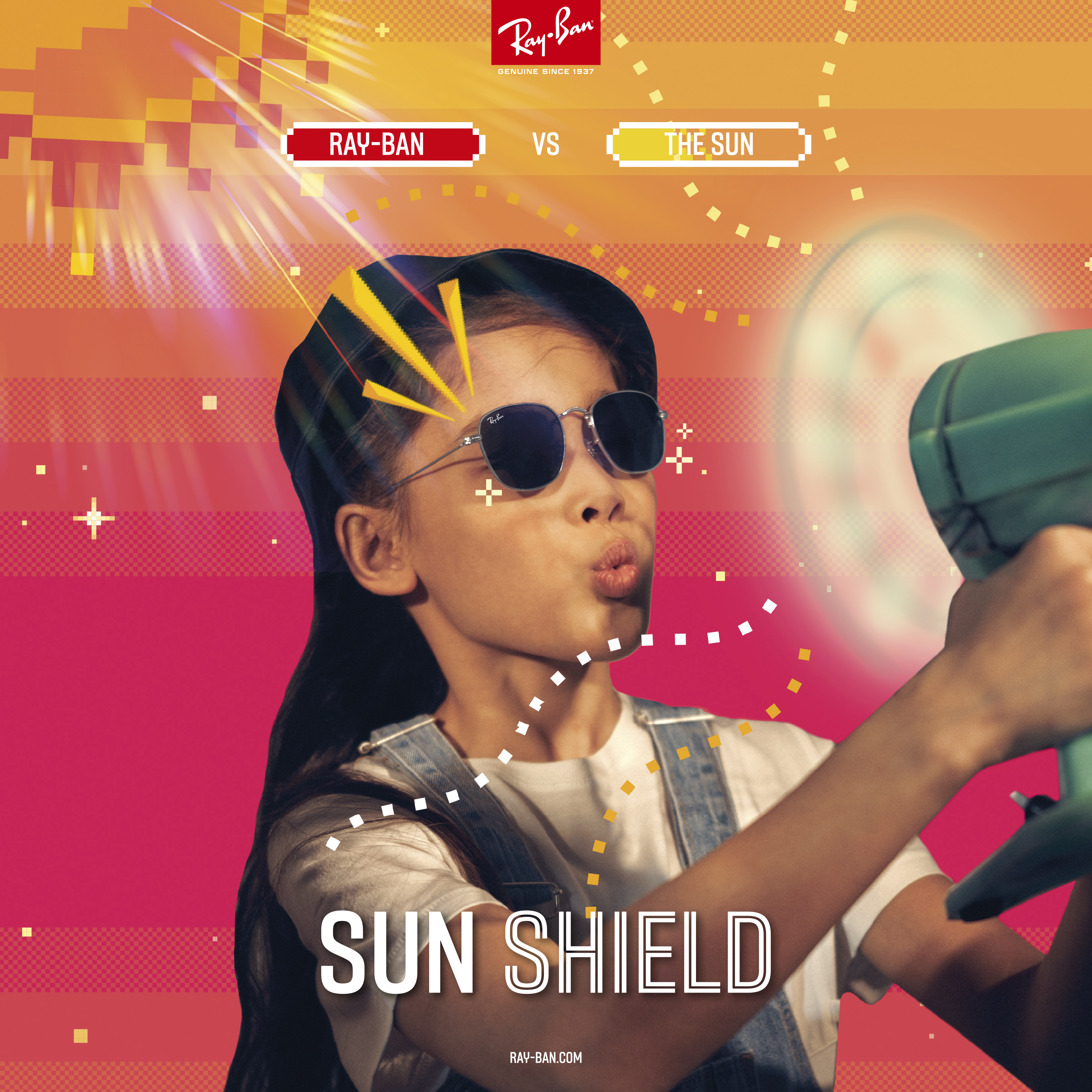 Ray-Ban Junior campaign poster promoting sunglasses to protect children's eyes from the sun.