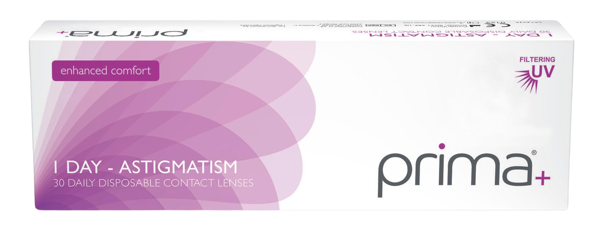 Box of Prima+ daily contact lenses designed for astigmatism, featuring branding and product information on the packaging.