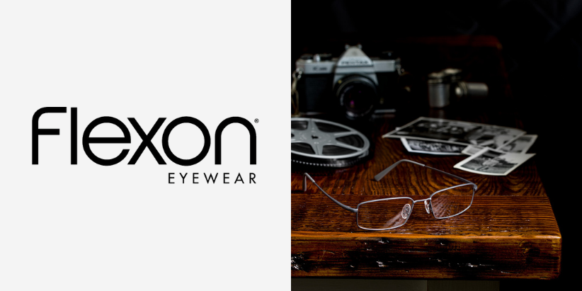 Banner with glasses on a table and the Flexon eyewear logo.