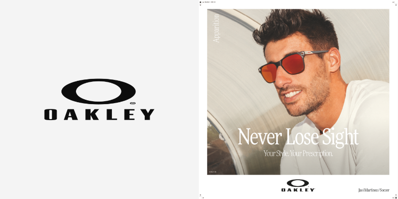 Never lose sight" Oakley poster featuring a man wearing sunglasses and smiling.