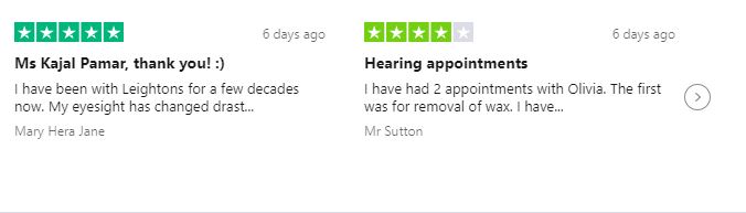 Second Trustpilot reviews carousel for Leightons Hearing Care: 5 stars and 4 stars