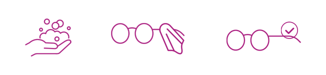 Image featuring icons that illustrate the steps for properly cleaning eyeglass frames.