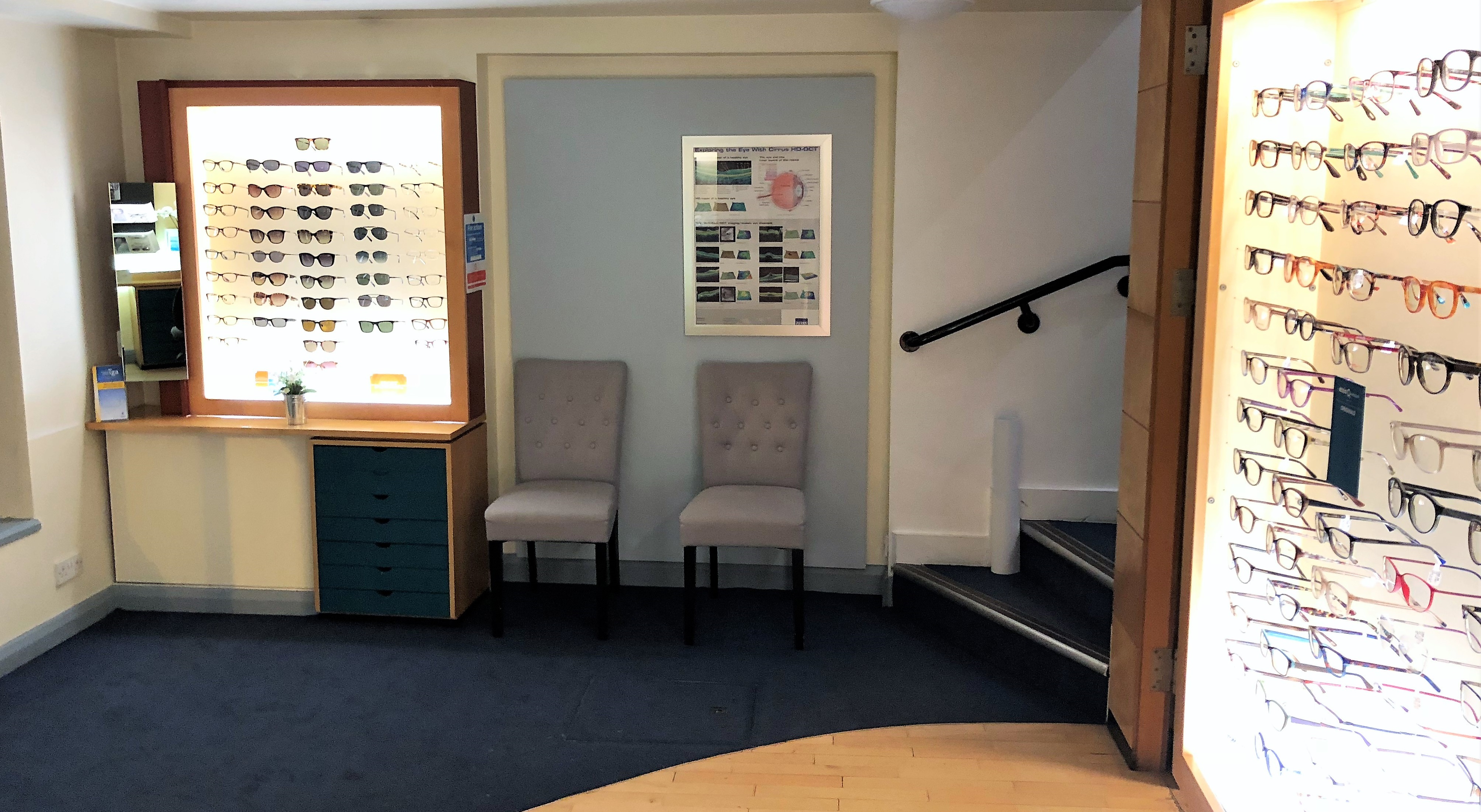 New Leightons Tunbridge Wells interior, glasses shelves and waiting space.