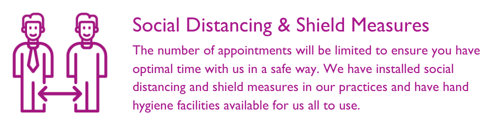 We have installed social distancing measures and we’ll explain as you travel around the practice