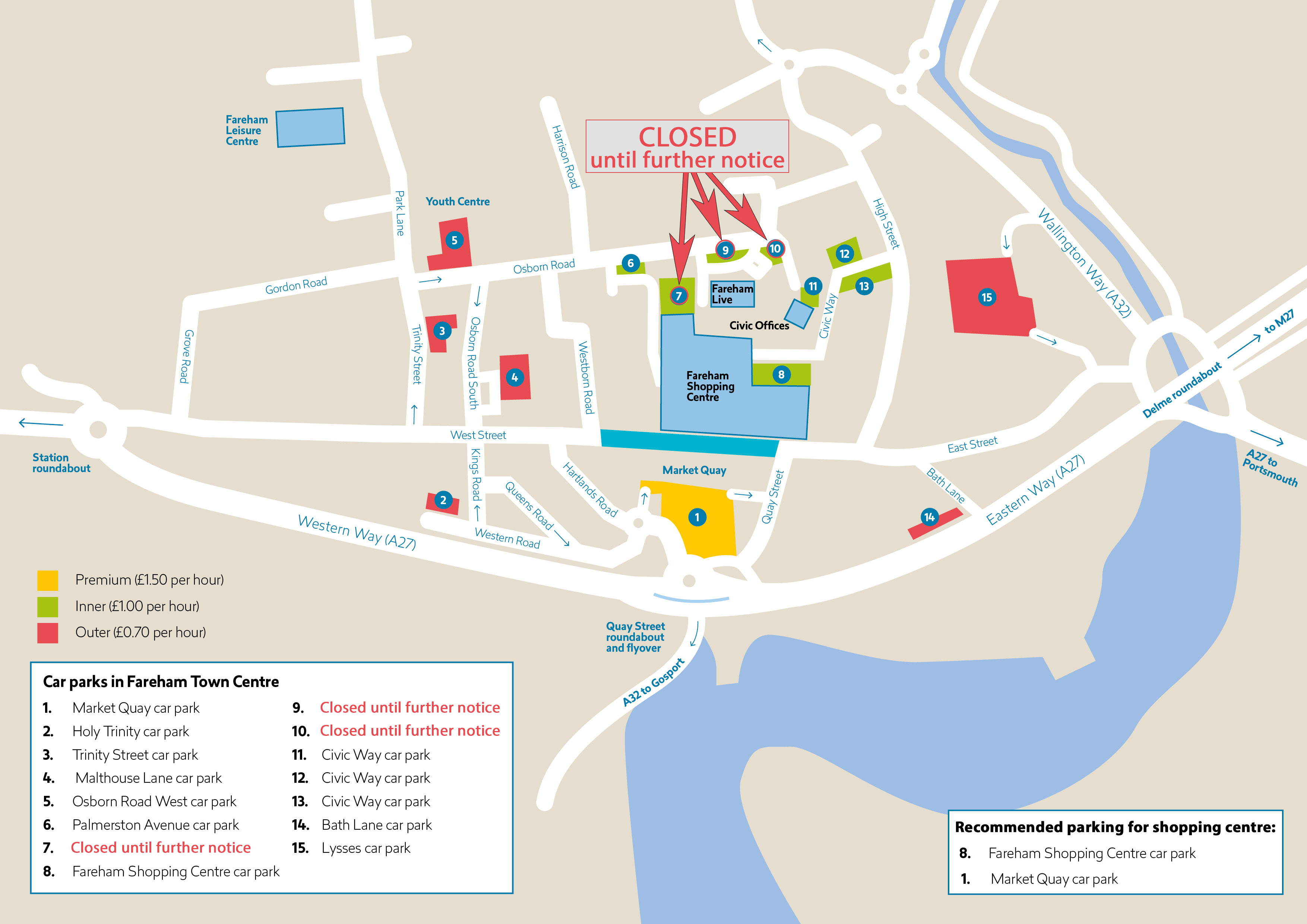 Map of Fareham town centre with parking facilities.