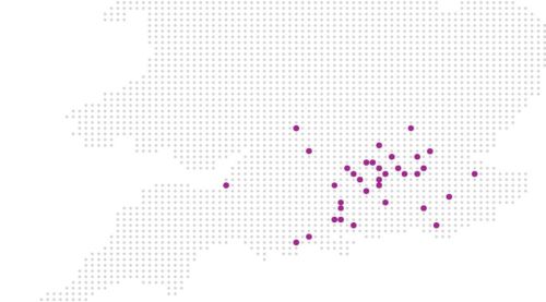Diagram of the southern region of England highlighting Leightons locations marked by purple spots, indicating various optician branches.
