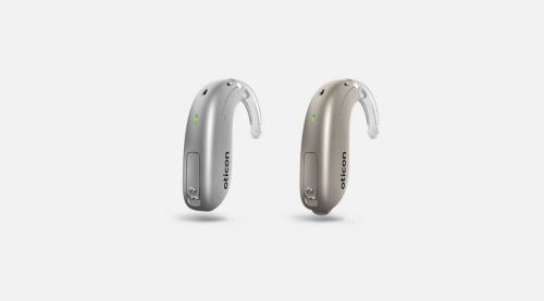Oticon More BTE style hearing aid, designed to be worn behind the ear.