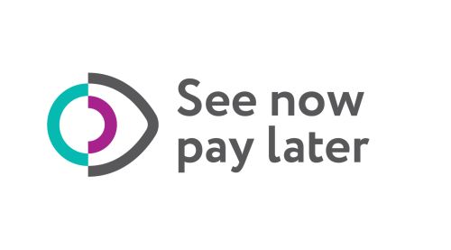 See Now, Pay Later monthly plan logo accompanied by a diagram of an eye, symbolising vision and financial flexibility in purchasing options.