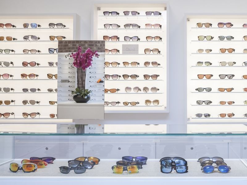 Selection of sunglasses in a store