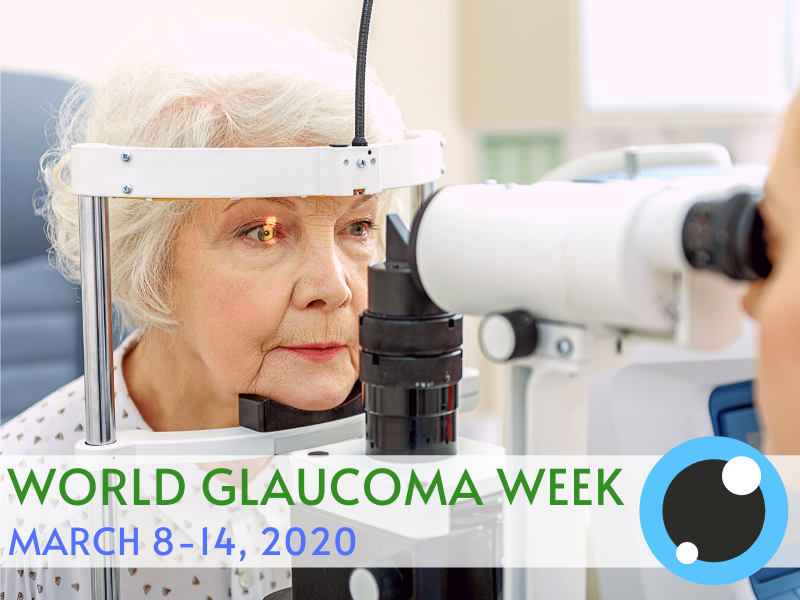 World Glaucoma Week text and old woman having eye test