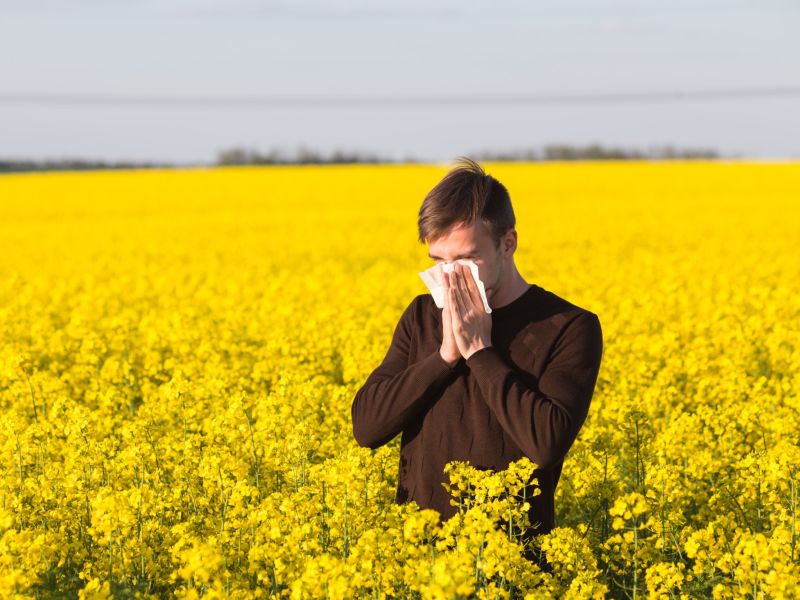 A man blowing his nose in field of flowers.