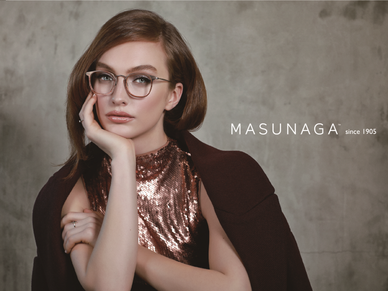 Model wearing Masunaga glasses